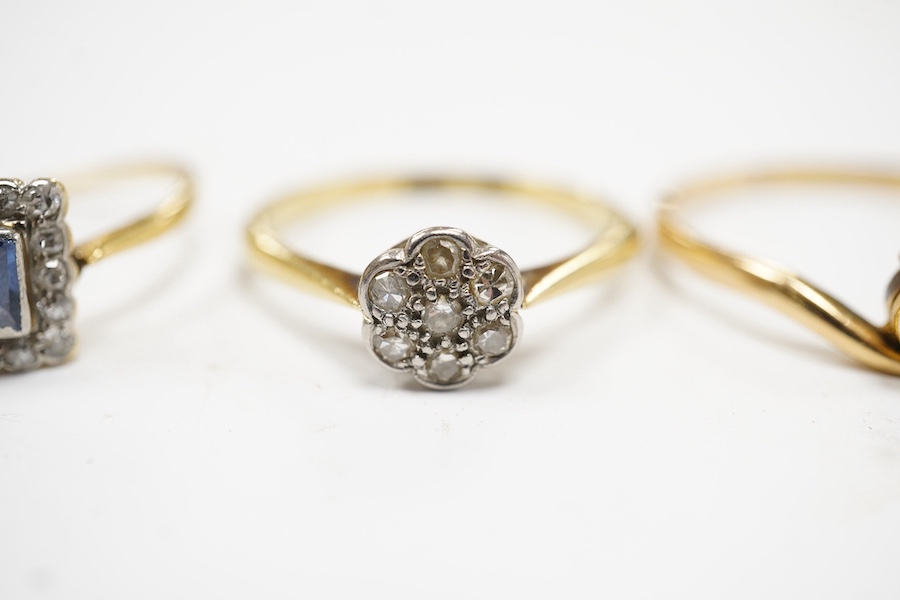 A 1920's 18ct and plat. sapphire and diamond set square cluster ring, size M, and two similar 18ct and diamond set rings, gross weight 7 grams. Condition - poor to fair.